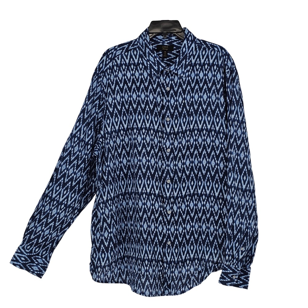 Club Room Linen Button Up Shirt XXL Blue Ikat Geometric Coastal Resort Vacation